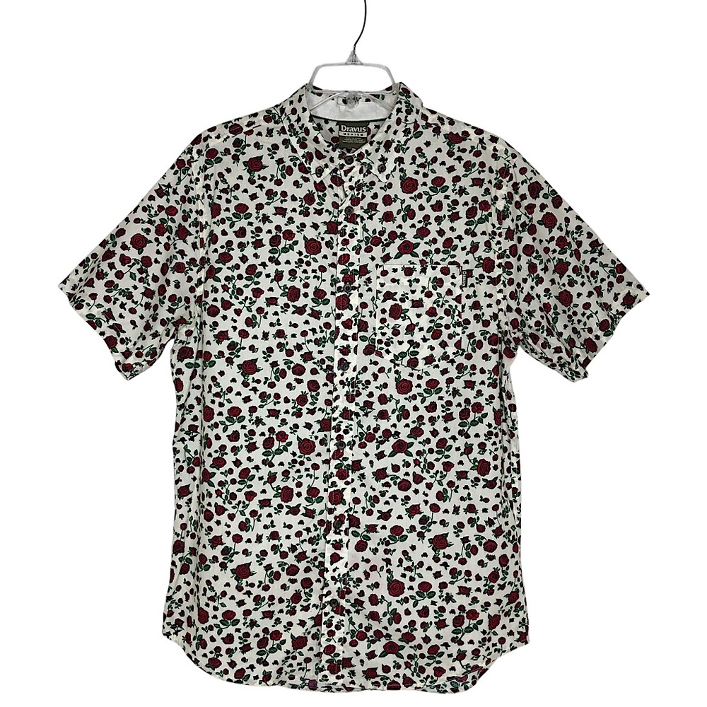 Dravus Cotton Roses Print Off‎ White Red Black Short Sleeve Button-Down Shirt M